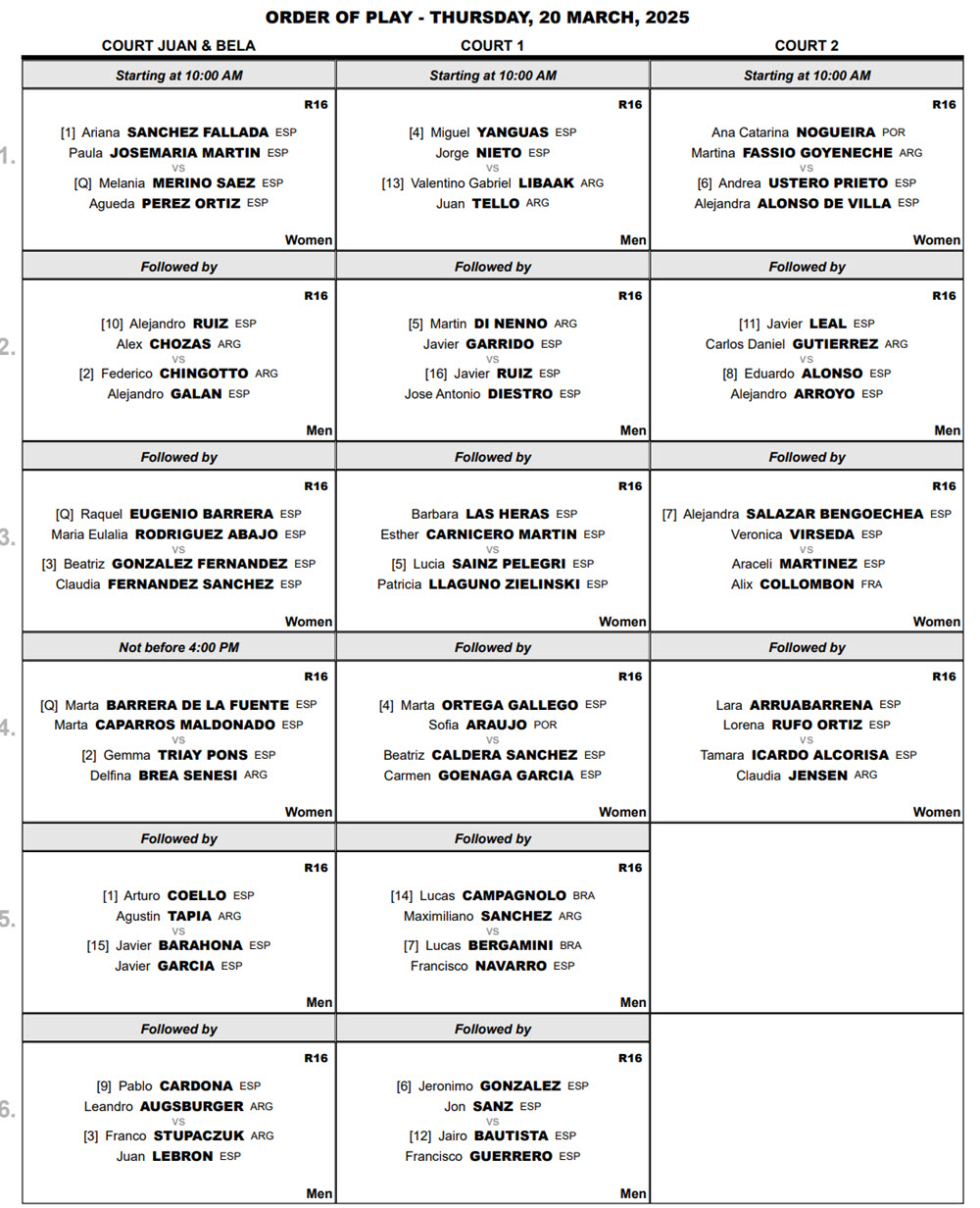 order of play miami p1 padel thurdsay