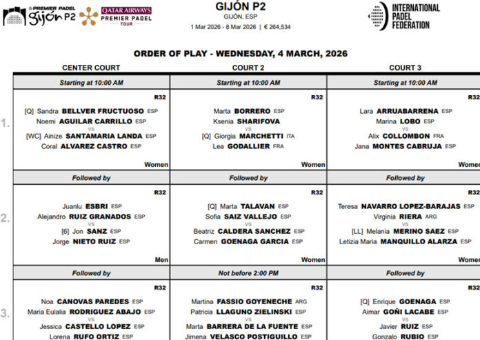 Mid-Week Action Heats Up Gijón Premier Padel P2 Order of Play