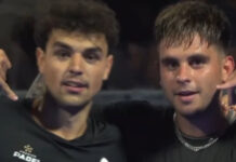 Javi Leal and Fran Guerrero send phone gesture to Juanjo Gutiérrez after FIP Platinum Lyon title